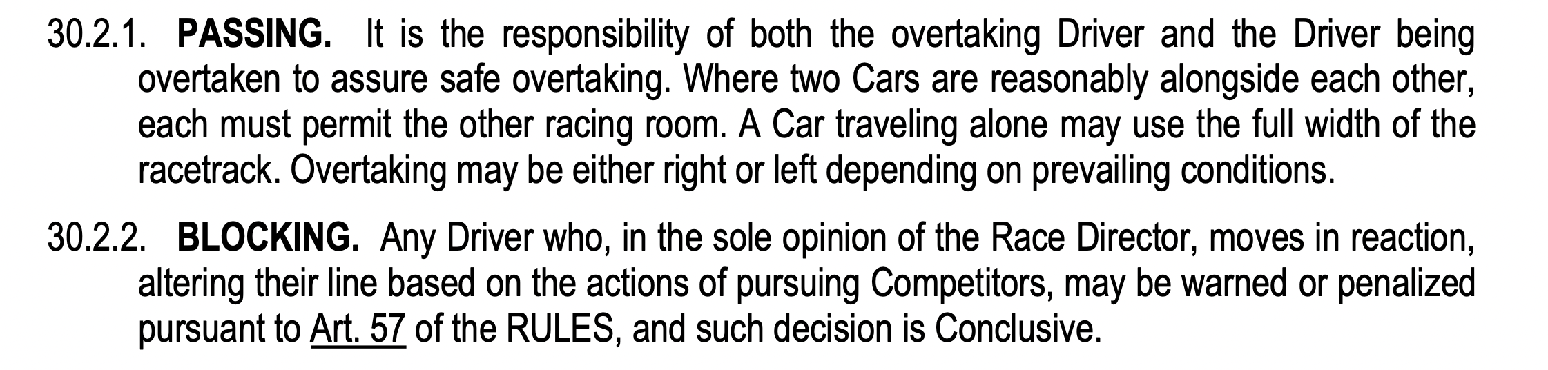 Image of IMSA rule book stating that a defensive move on the race track needs to be done proactively and not reactively.
