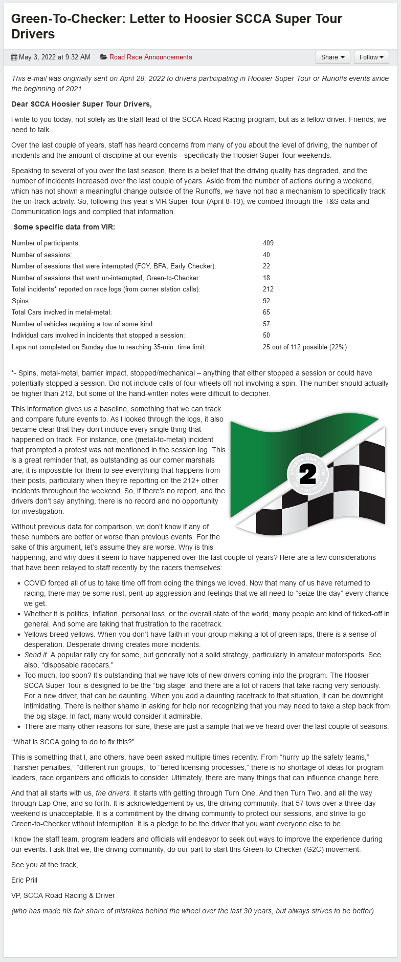 Screenshot of SCCA letter to drivers about increase in incidents