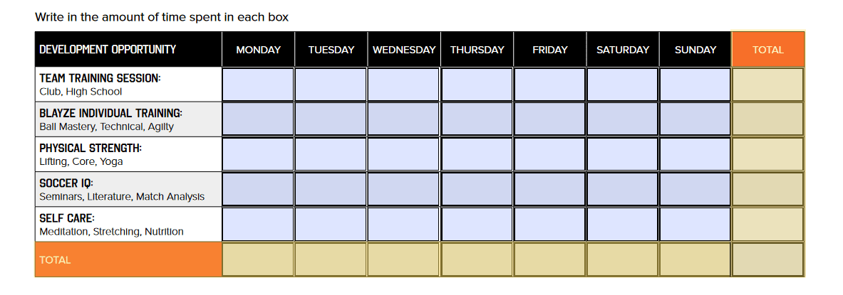 Use the highlighted sections to log the time spend on various activities during the week